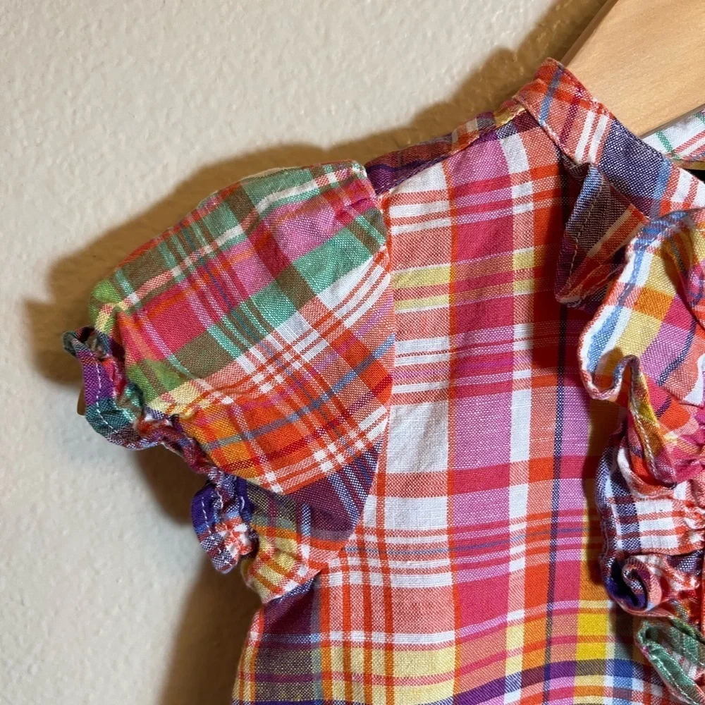 Ralph Lauren Ruffle Plaid Short Sleeve Linen Cotton Blend Dress